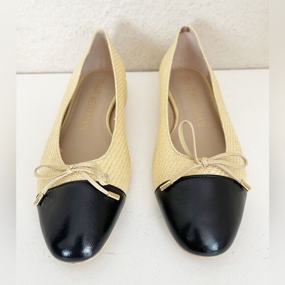 Stuart Weitzman Sleek Bow rounded toe black ballet Flats with natural raffia 8.5 - Picture 16 of 17